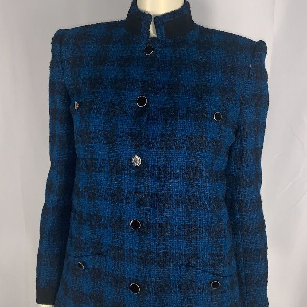 NWT Vintage Blue Plaid Tweed Fitted Button Down Blazer Jacket Size 6